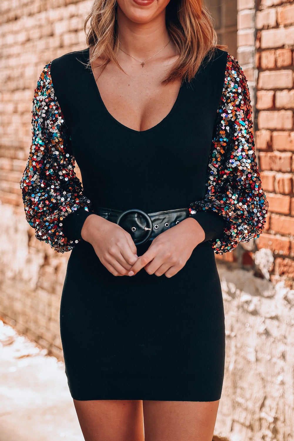 Black Sequin Sleeve Dress FB