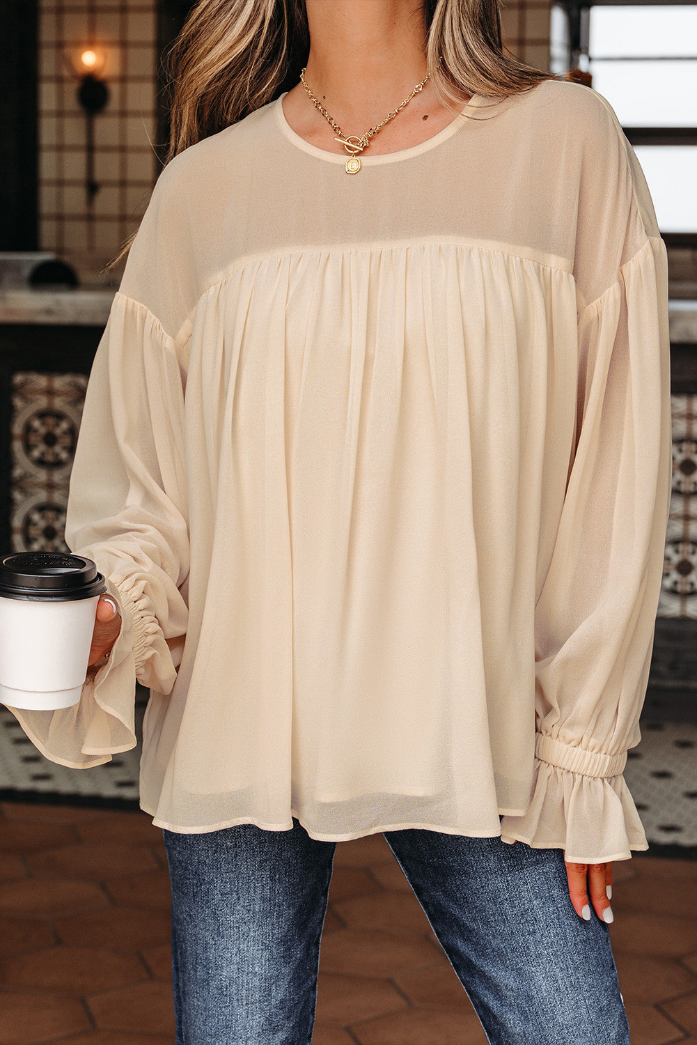 Beige Pleated Ruffle Blouse FB
